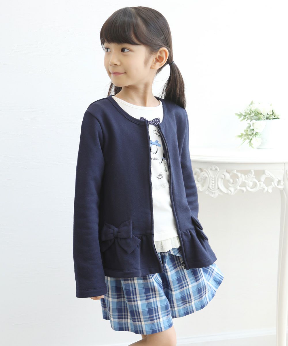Children's clothing girl ribbon & frilled back zip -up jacket navy (06) model image 4