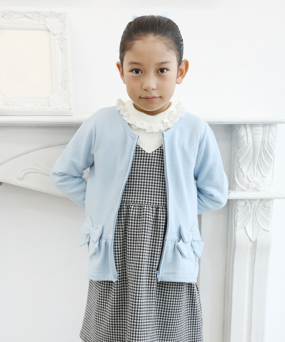 Children's clothing girl ribbon & frilled back zip -up jacket blue (61) model image 3