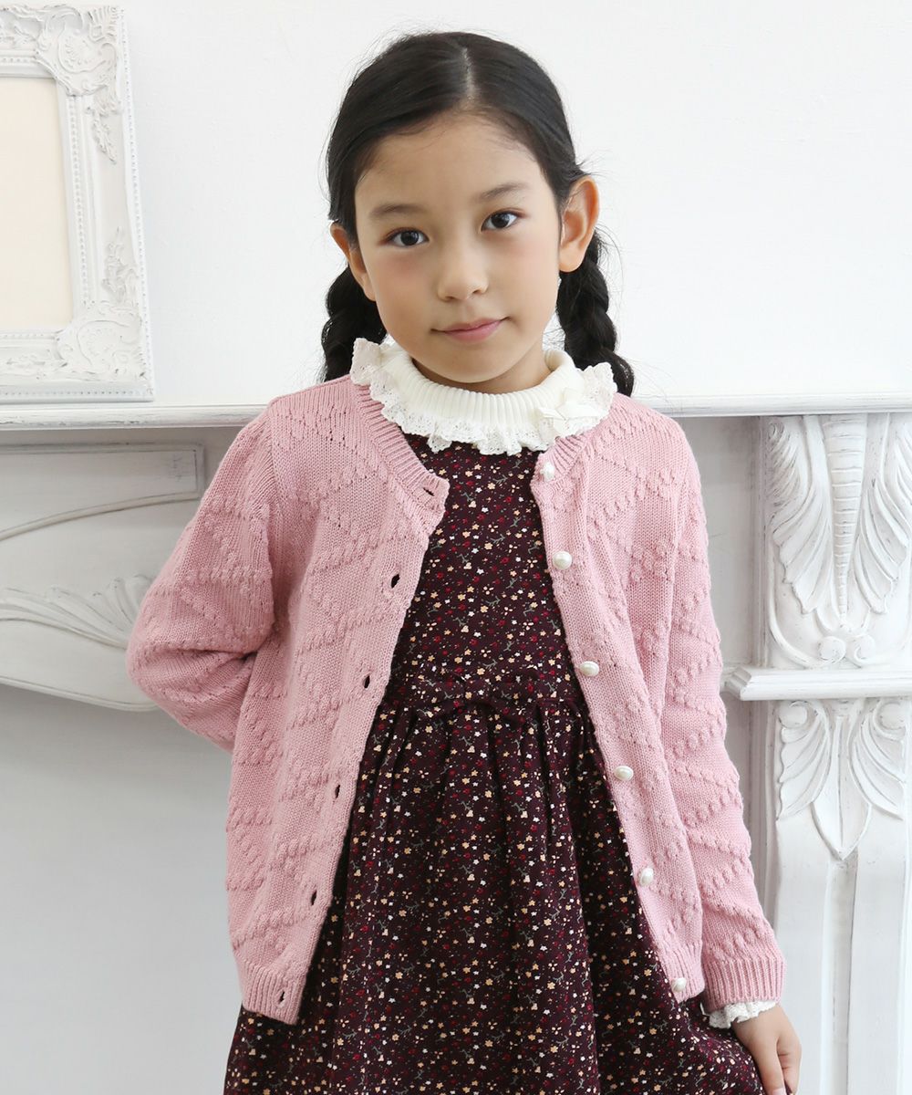 Children's clothing girl diamond pattern knit with pearl button knit cardigan pink (02) model image 2
