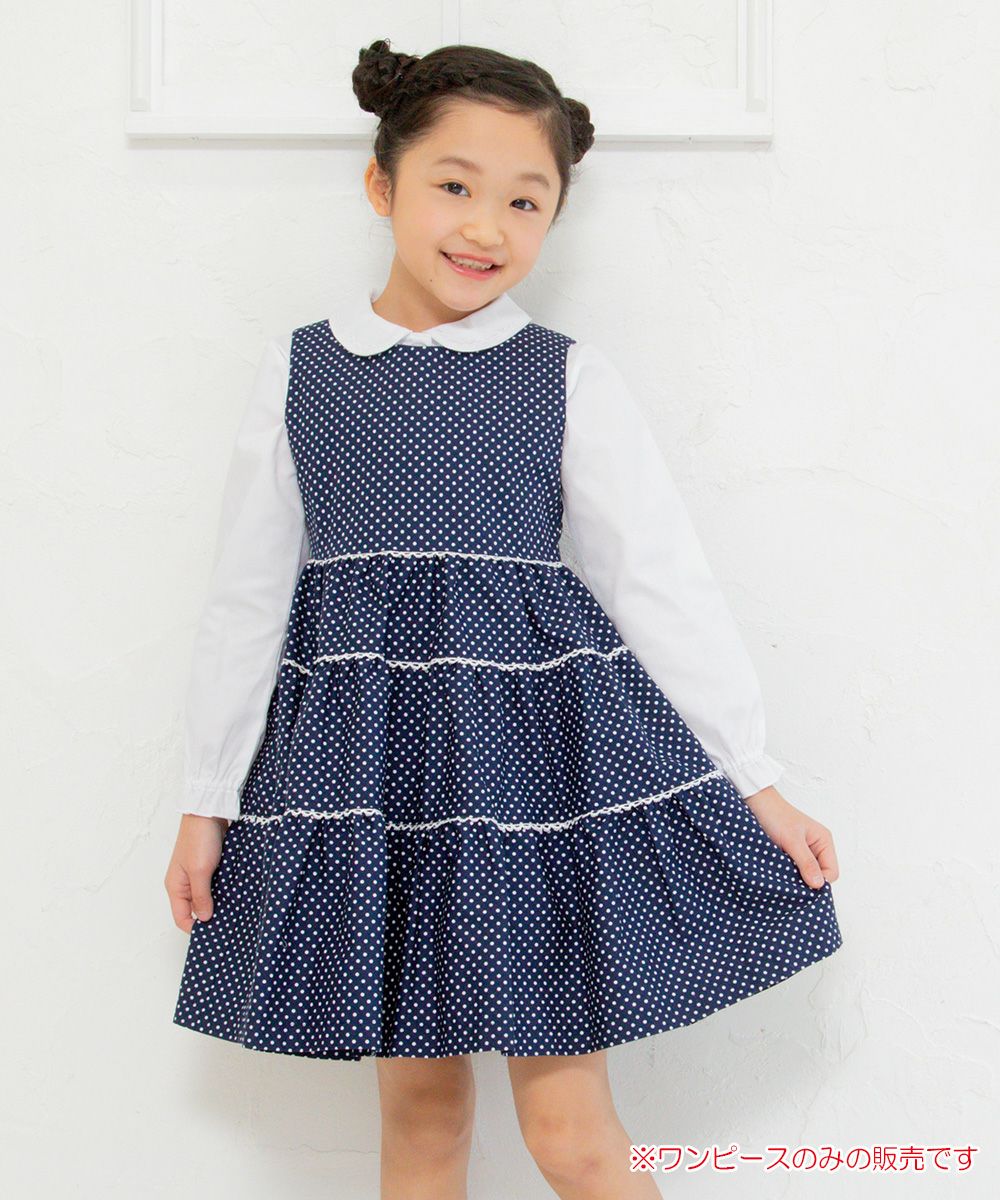 Japanese cotton 100 % dot pattern lace dress Navy model image up