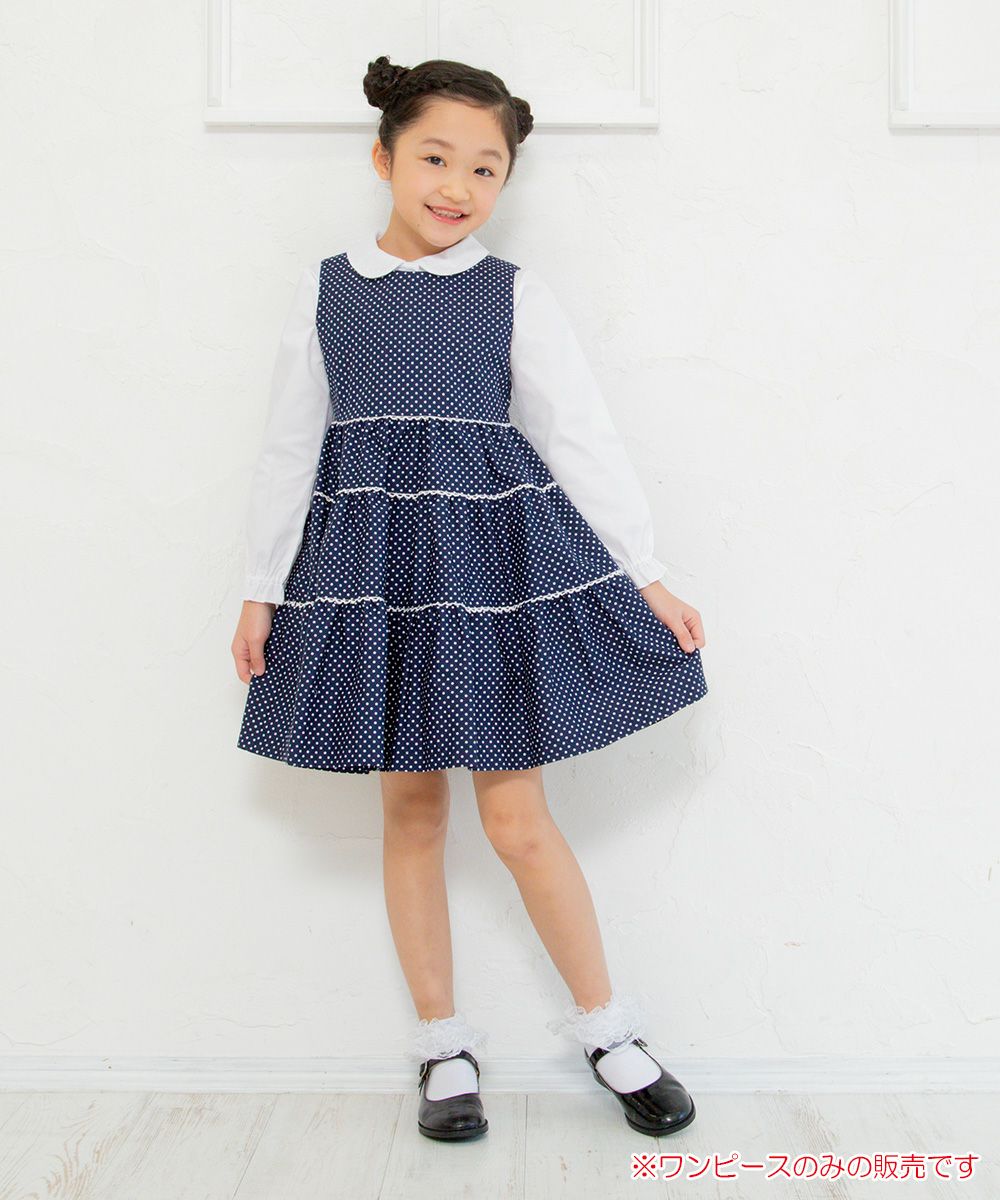 Japanese cotton 100 % dot pattern lace dress Navy model image whole body