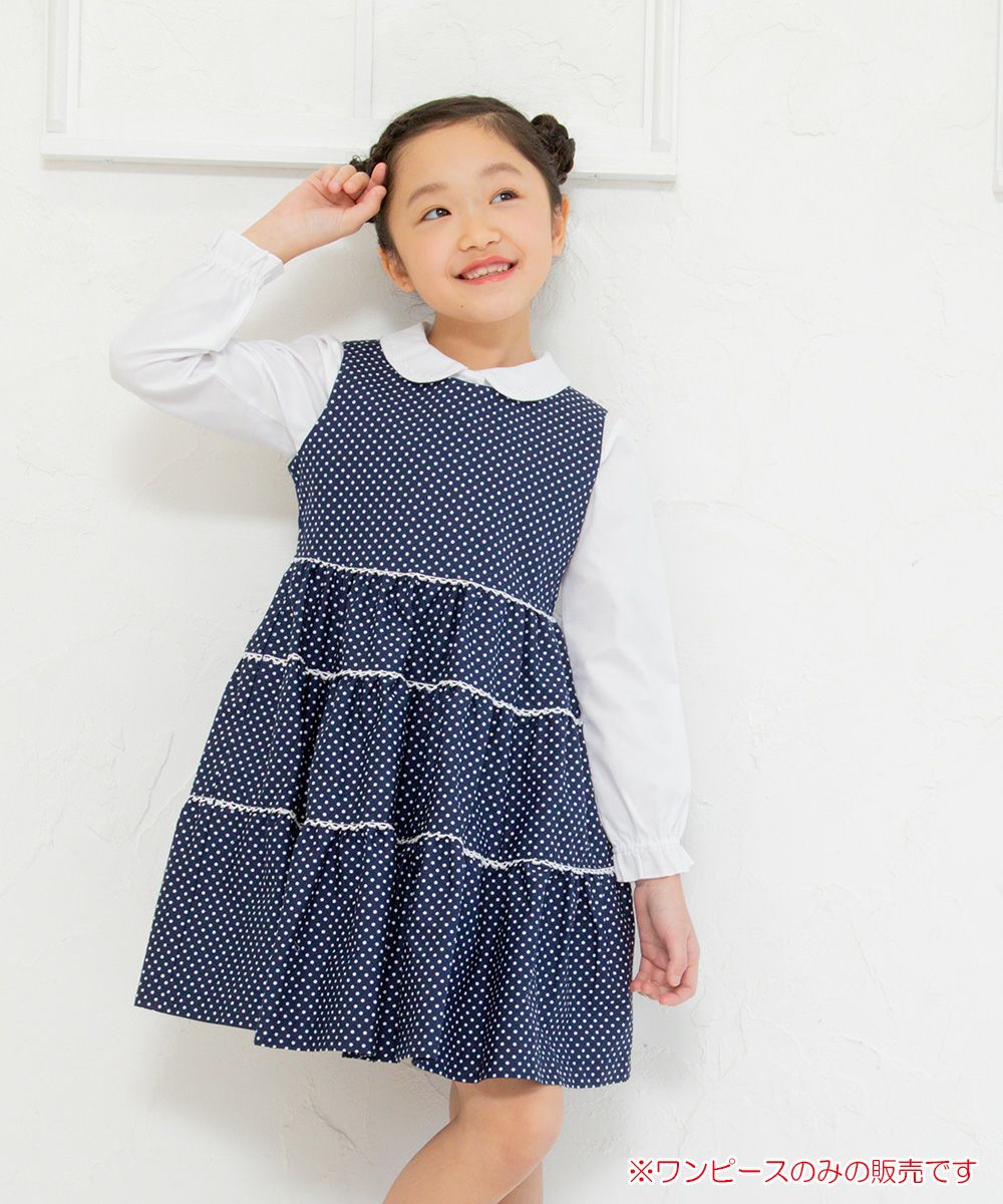 Japanese cotton 100 % dot pattern lace dress Navy model image 1