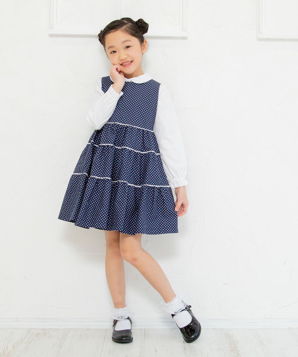 Japanese cotton 100 % dot pattern lace dress Navy model image 2