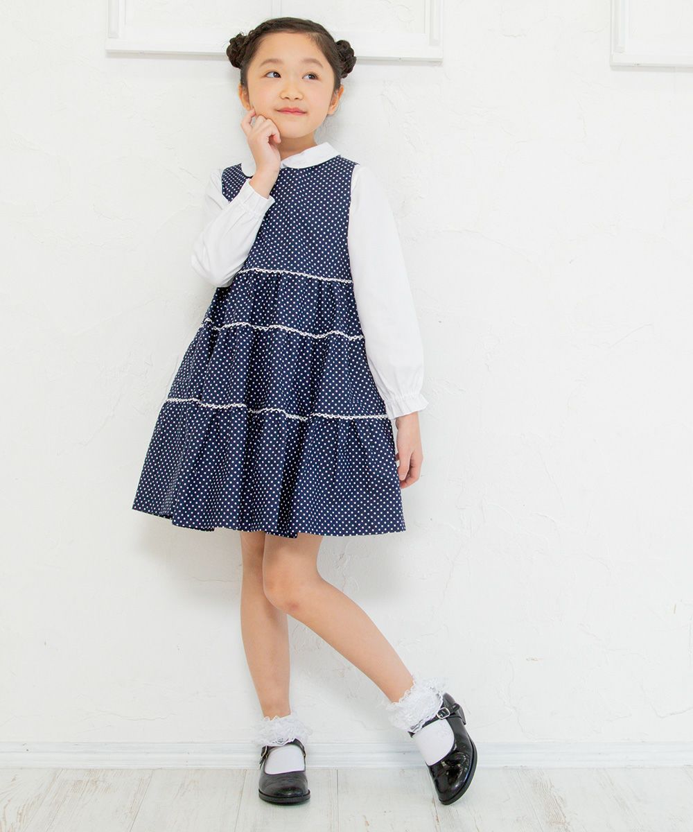 Japanese cotton 100 % dot pattern lace dress Navy model image 3