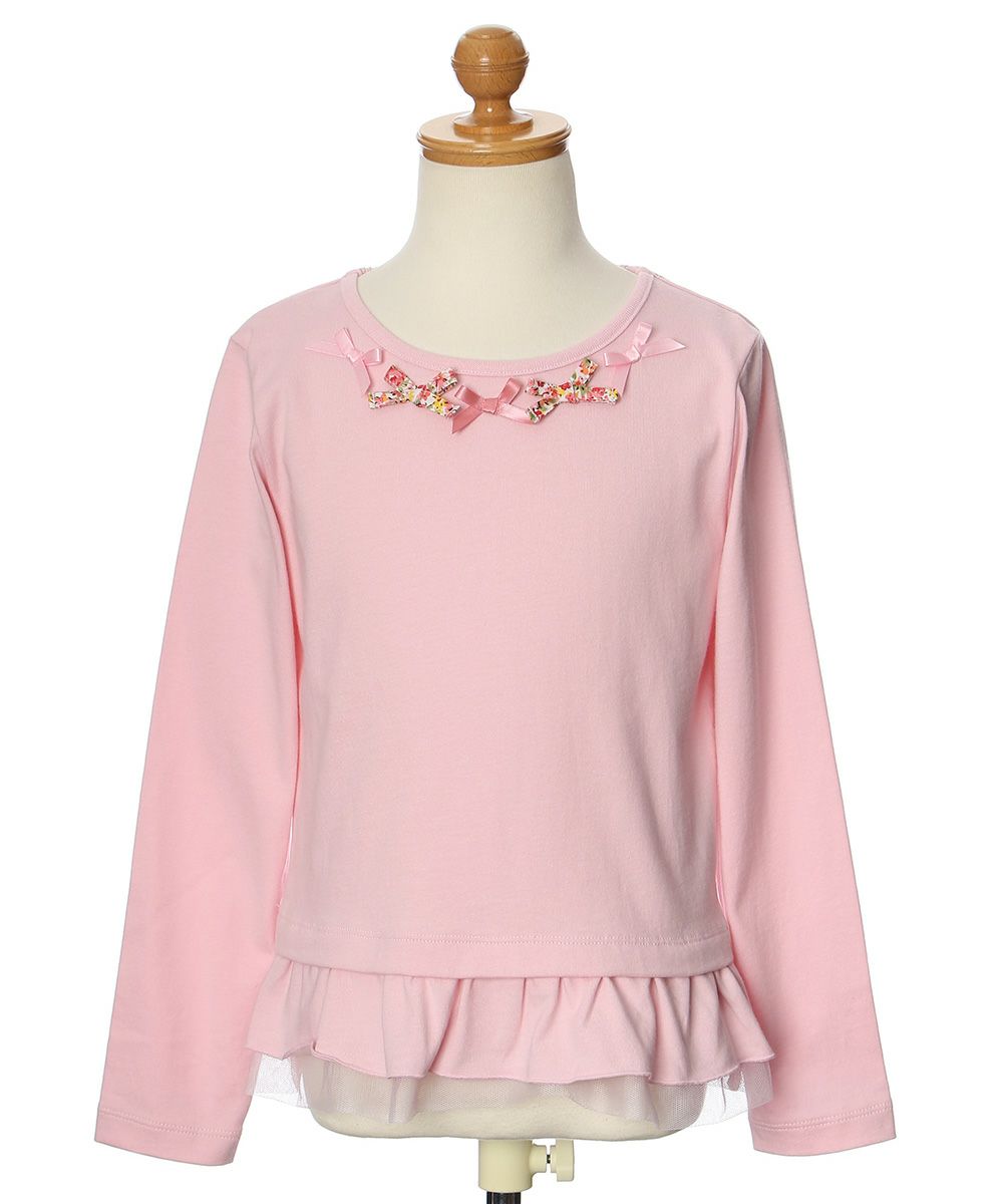 Children's clothing girl 100 % cotton floral ribbon & tulle frilled T -shirt pink (02) torso