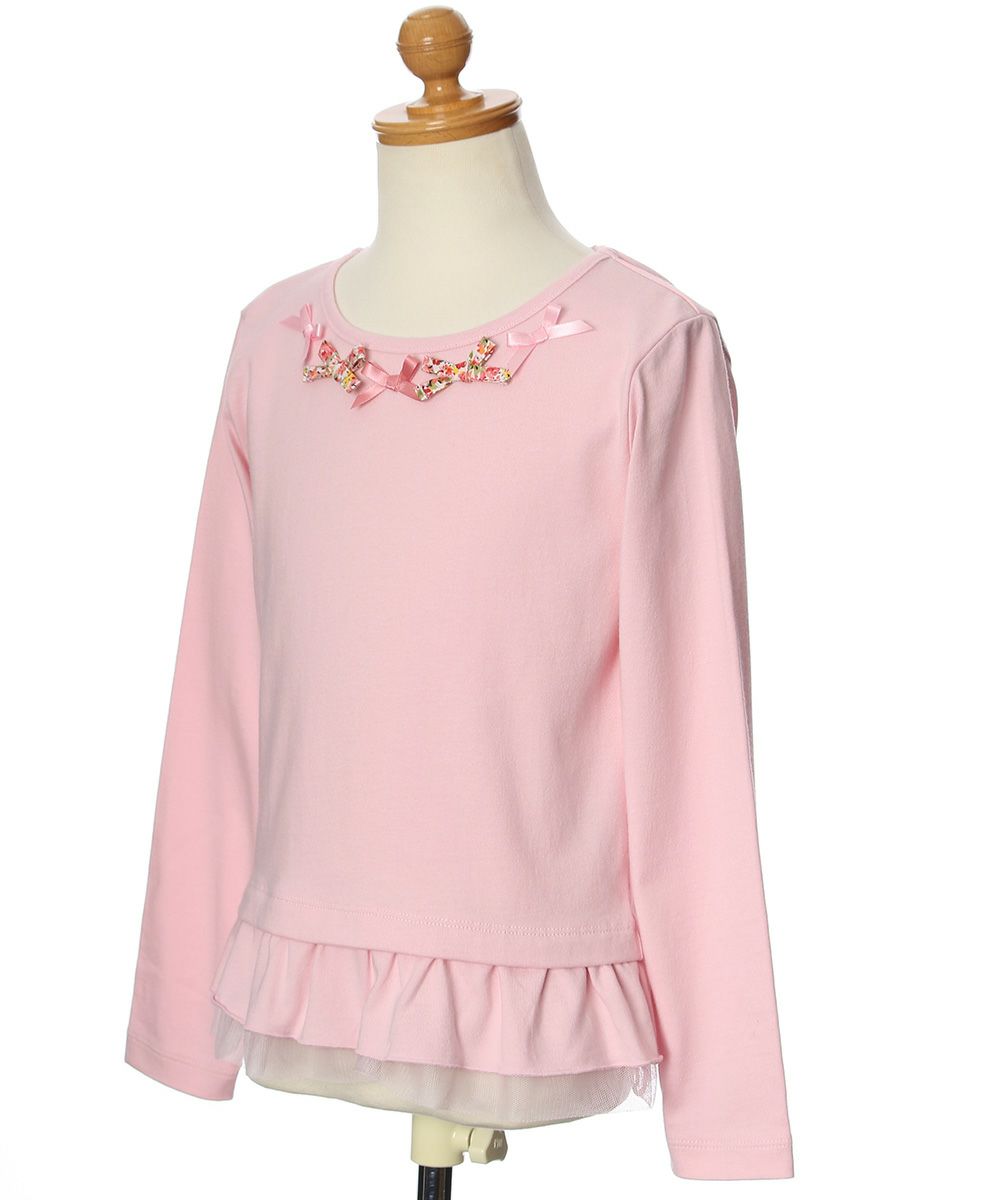 Children's clothing girl 100 % cotton floral ribbon & tulle frilled T -shirt pink (02) torso