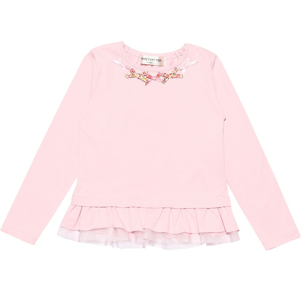 Children's clothing girl 100 % cotton floral ribbon & tulle frilled T -shirt pink (02) front