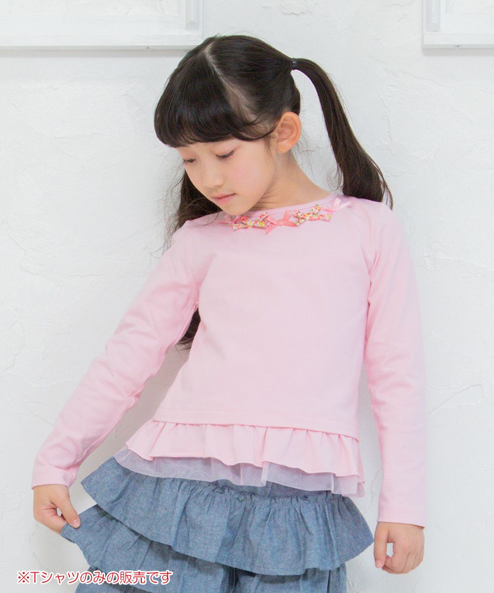 Children's clothing girl 100 % cotton floral ribbon & tulle frilled T -shirt pink (02) model image 1