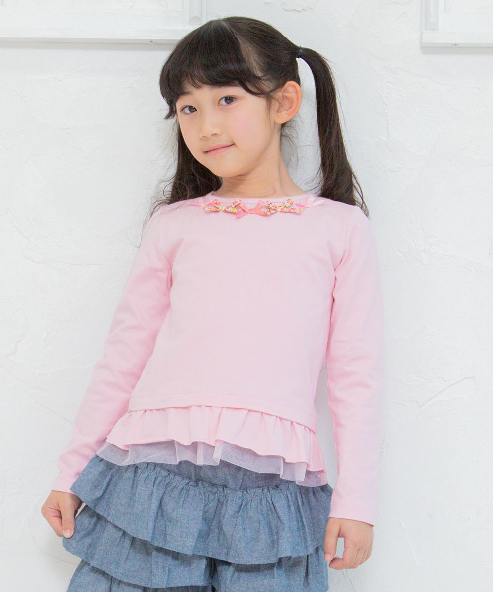 Children's clothing girl 100 % cotton floral ribbon & tulle frilled T -shirt pink (02) model image 2