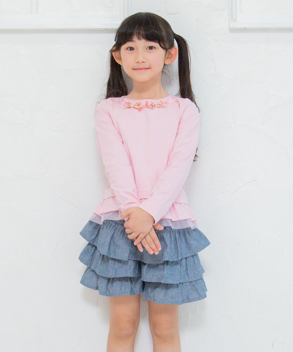 Children's clothing girl 100 % cotton floral ribbon & tulle frilled T -shirt pink (02) model image 3