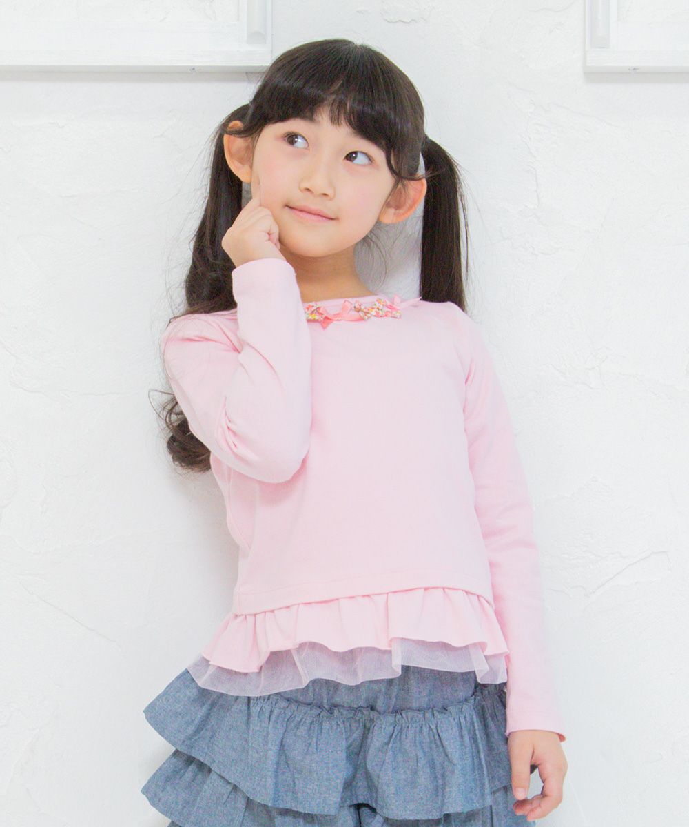 Children's clothing girl 100 % cotton floral ribbon & tulle frilled T -shirt pink (02) model image 4