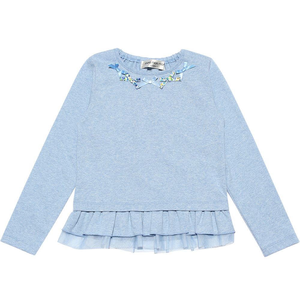 Children's clothing girl 100 % cotton floral ribbon & tulle frilled T -shirt blue (61) front