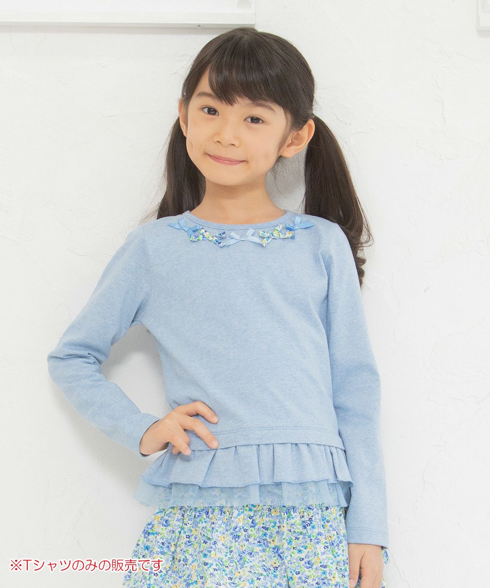 Children's clothing girl 100 % cotton floral ribbon & tulle frilled T -shirt blue (61) model image up