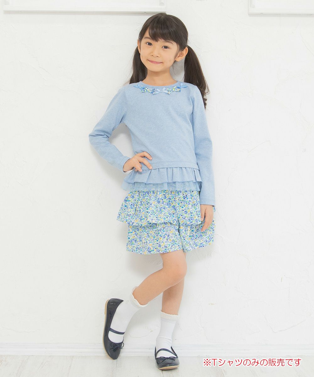 Children's clothing girl 100 % cotton floral ribbon & tulle frilled T -shirt blue (61) model image whole body
