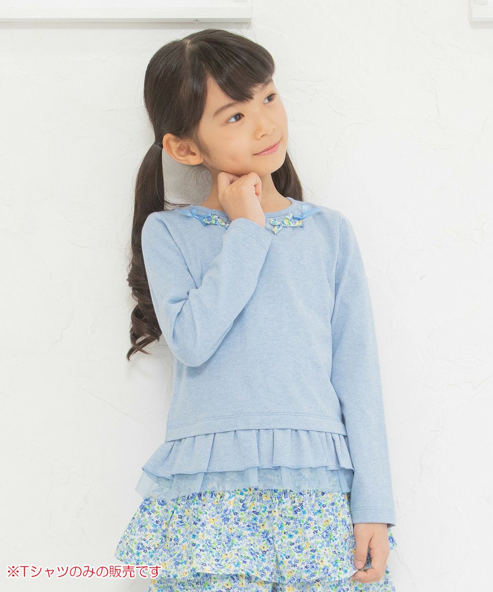 Children's clothing girl 100 % cotton floral ribbon & tulle frilled T -shirt blue (61) model image 1