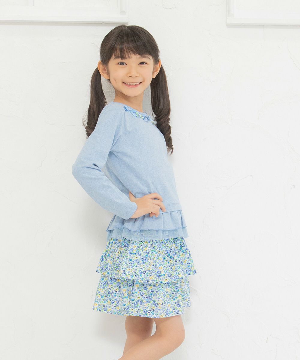 Children's clothing girl 100 % cotton floral ribbon & tulle frilled T -shirt blue (61) model image 2