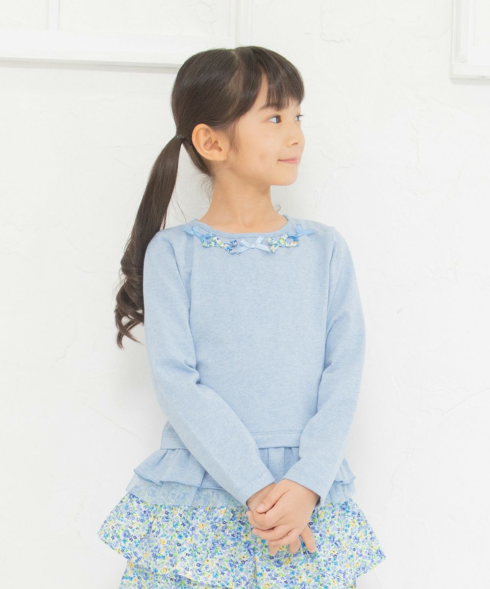 Children's clothing girl 100 % cotton floral ribbon & tulle frilled T -shirt blue (61) model image 3