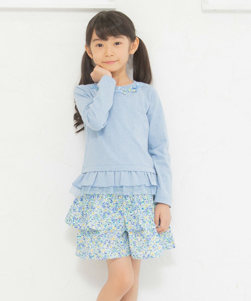 Children's clothing girl 100 % cotton floral ribbon & tulle frilled T -shirt blue (61) model image 4