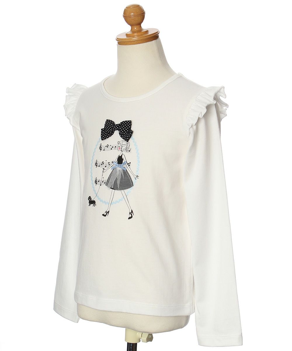 Children's clothing girl 100 % cotton girl print ribbon and frilled T -shirt off -white (11) torso