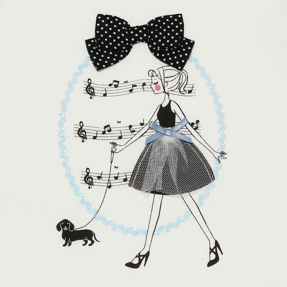 Children's clothing girl 100 % cotton girl print ribbon & frilled T -shirt off -white (11) Design points 1