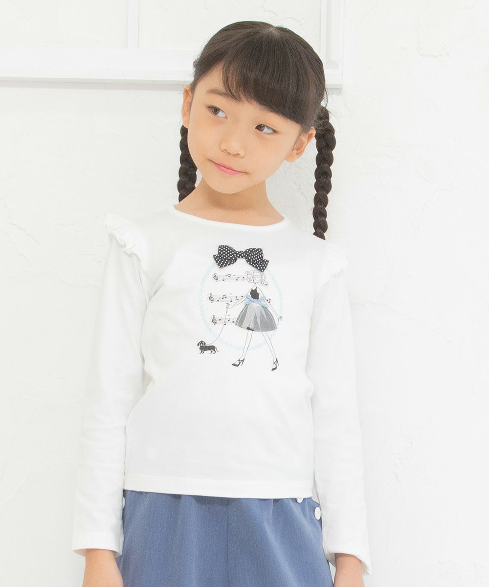 Children's clothing girl 100 % Cotton Girl Print Ribbon & Fluff with T -shirt Off -White (11) Model image Up