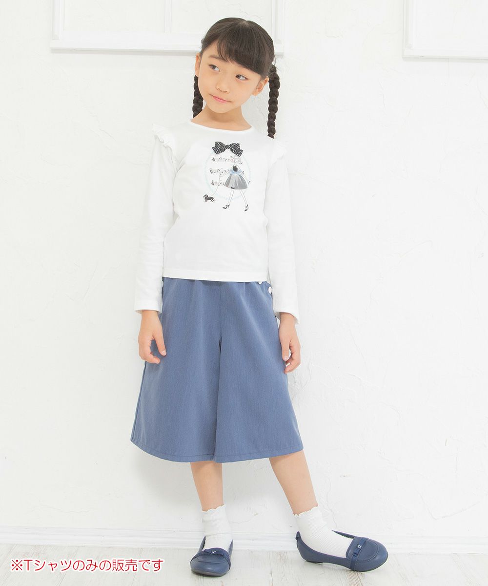 Children's clothing girl 100 % cotton girl print ribbon and frilled T -shirt off -white (11) model image whole body