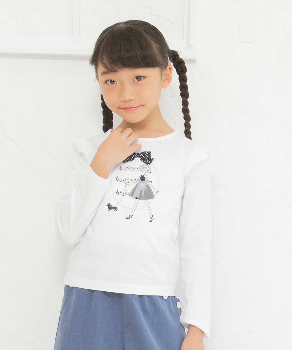 Children's clothing girl 100 % cotton girl print ribbon & frilled T -shirt off -white (11) model image 2