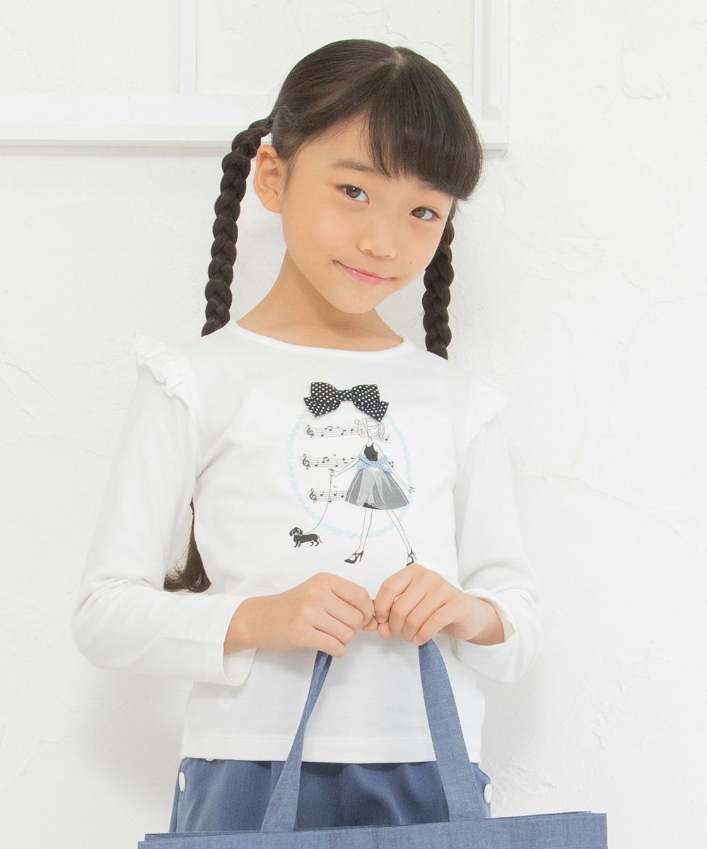 Children's clothing girl 100 % cotton girl print ribbon & frilled T -shirt off -white (11) model image 3