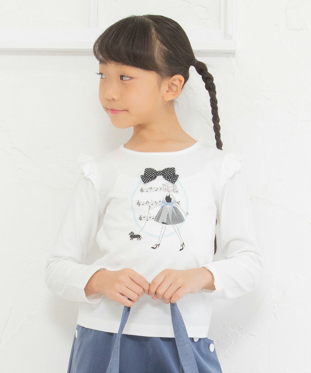 Children's clothing girl 100 % cotton girl print ribbon & frilled T -shirt off -white (11) model image 4