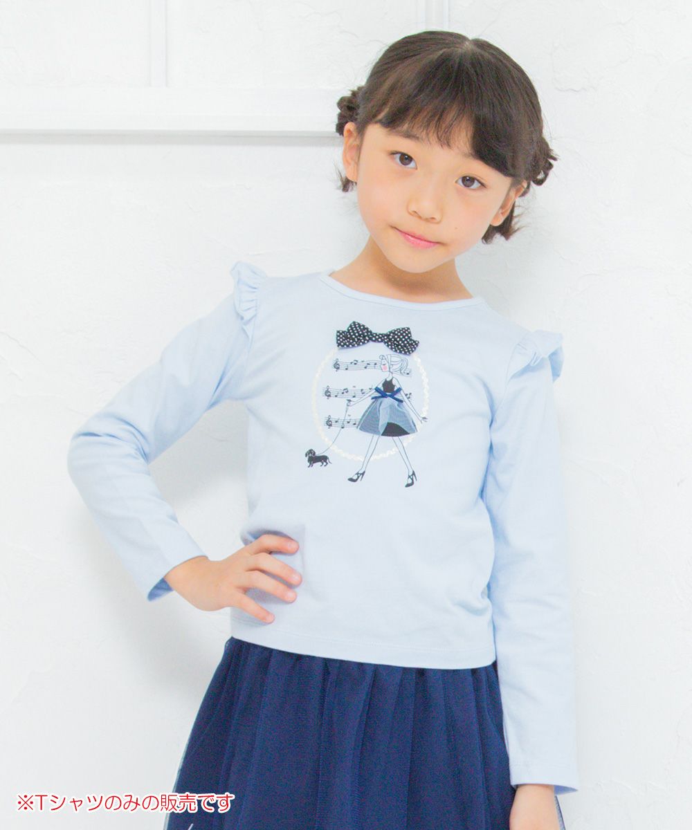 Children's clothing girl 100 % Cotton Girl Print Ribbon & Fluff with T -shirt Blue (61) Model image up