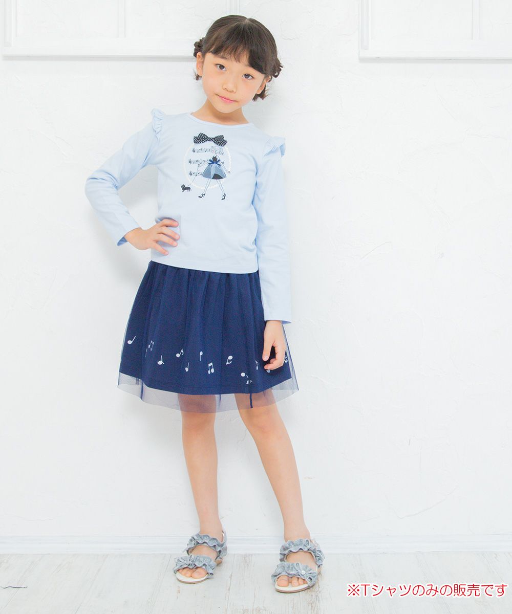 Children's clothing girl 100 % cotton girl print ribbon and frilled T -shirt blue (61) model image whole body