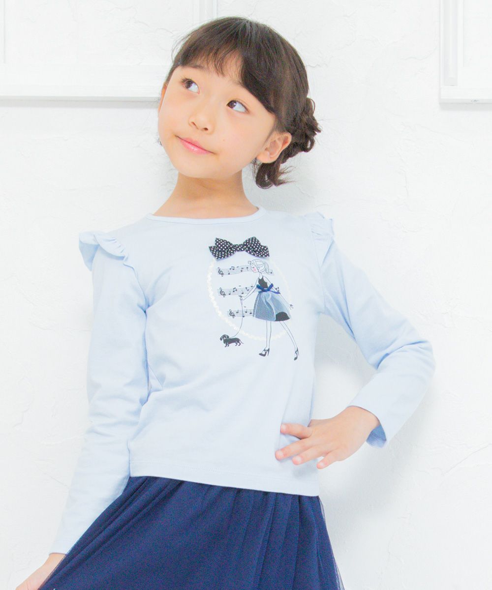 Children's clothing girl 100 % cotton girl print ribbon and frilled T -shirt blue (61) model image 2