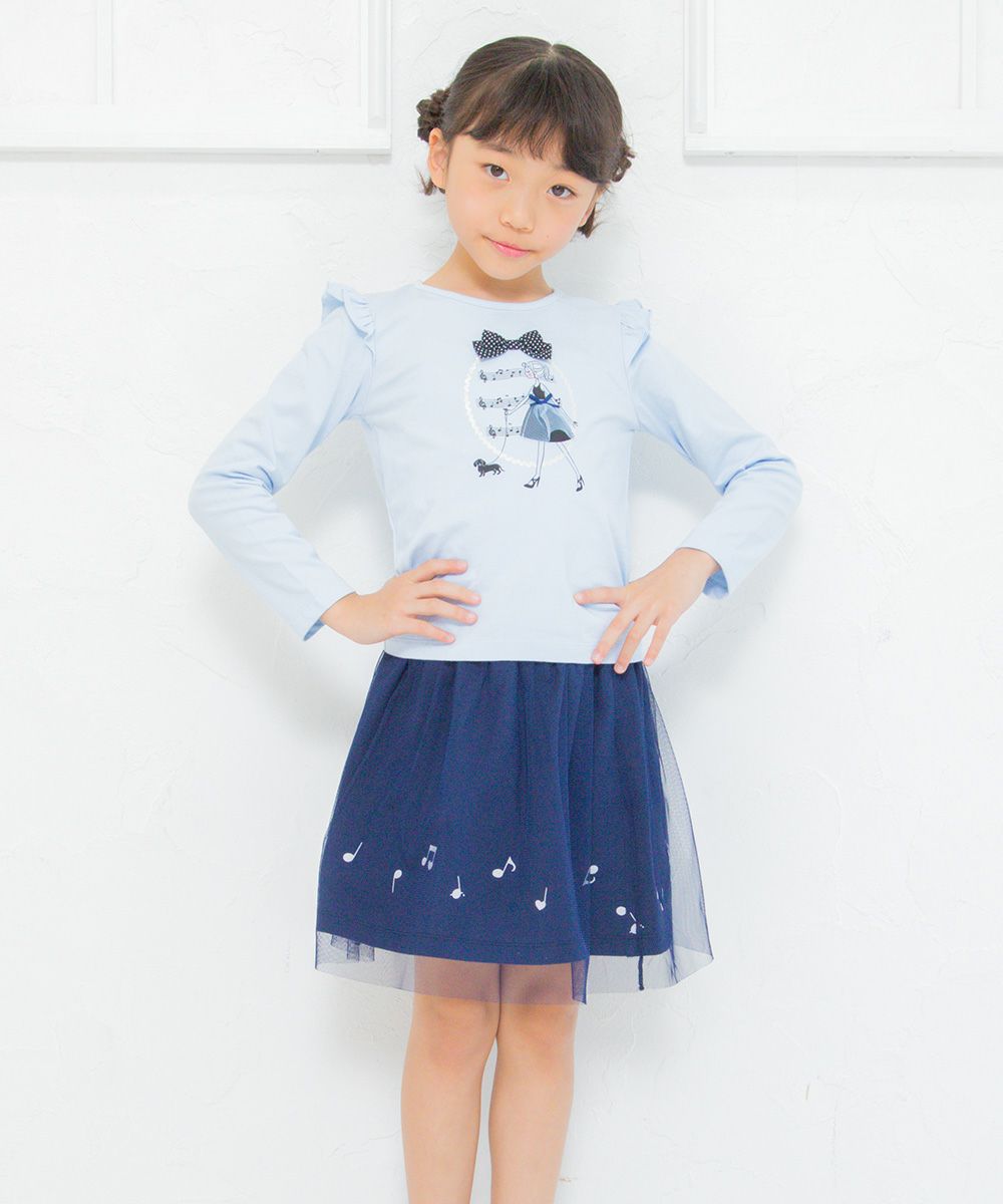 Children's clothing girl 100 % cotton girl print ribbon and frilled T -shirt blue (61) model image 3