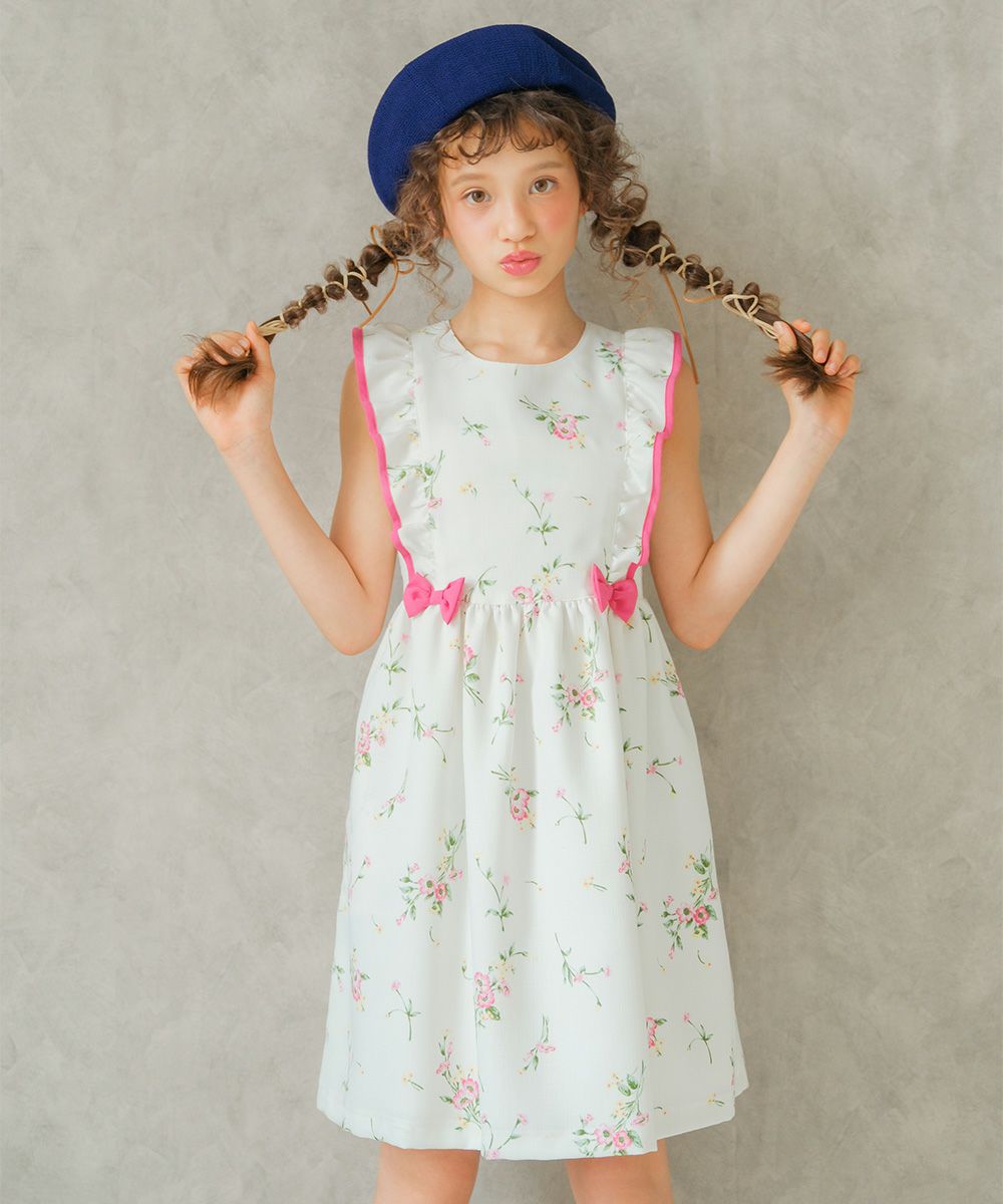 Japanese floral pattern ribbon & frill & lining dress Pink model image whole body