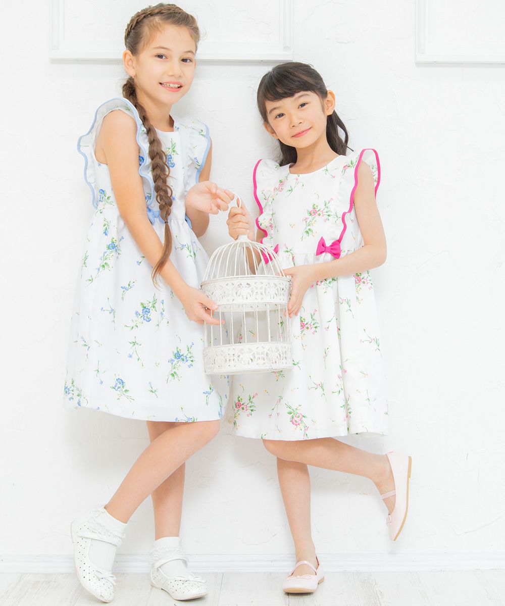 Japanese floral pattern ribbon & frill & lining dress Blue model image 3