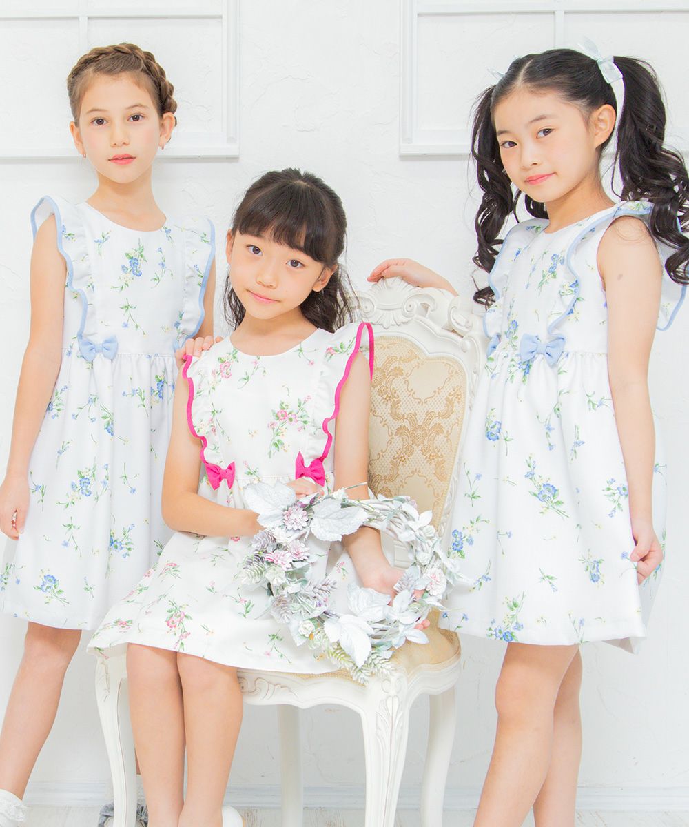Japanese floral pattern ribbon & frill & lining dress Blue model image 4