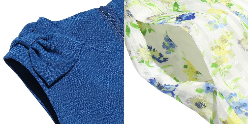 Japanese floral pattern ribbon & lining gather dress Blue Design point 1
