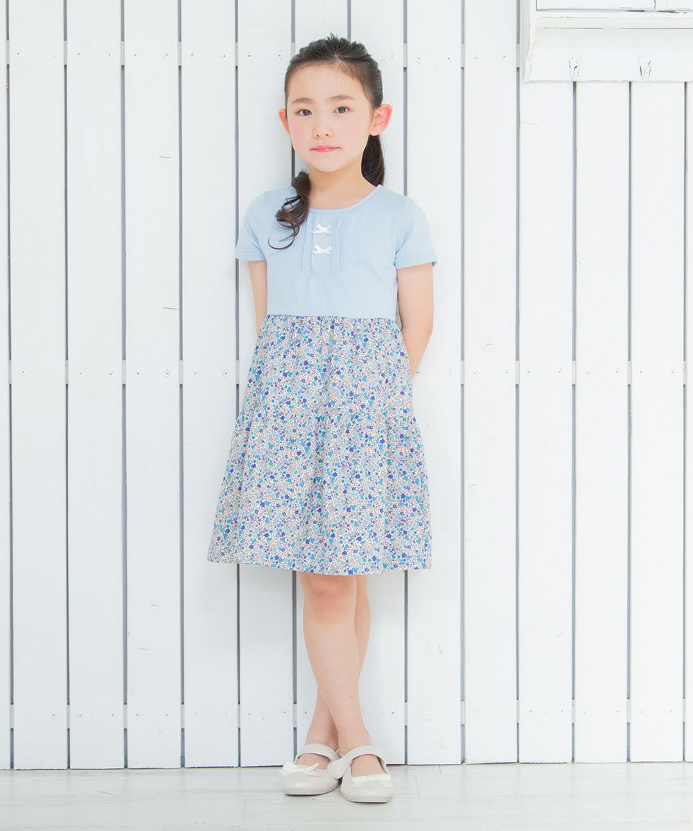 Children's clothing girls 100 % cotton made flower pattern docking dress blue (61) model image whole body