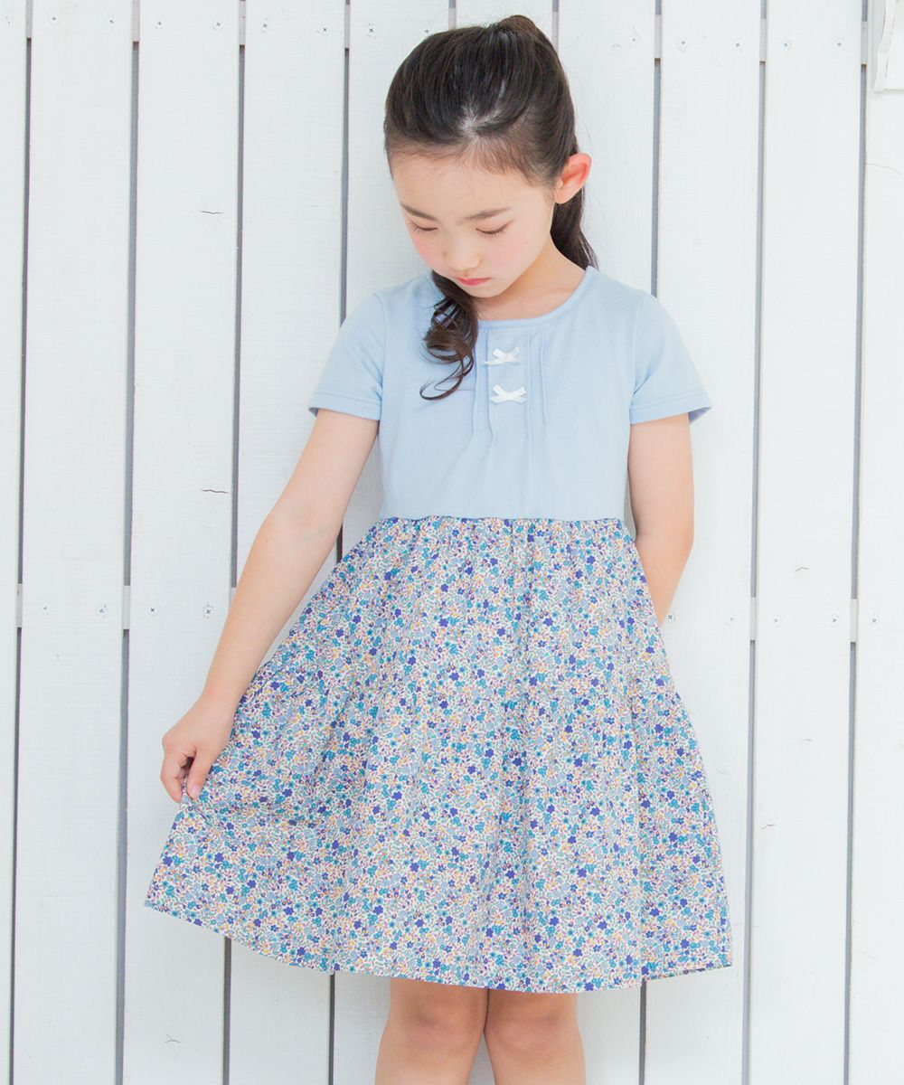 Children's clothing girl 100 % cotton product floral docking dress blue (61) model image 2