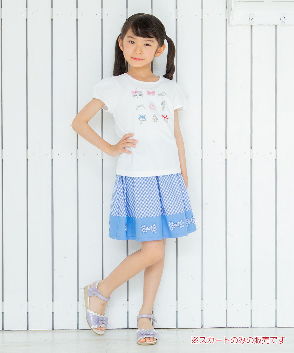 Gingham plaid gather skirt with ribbon Blue model image whole body