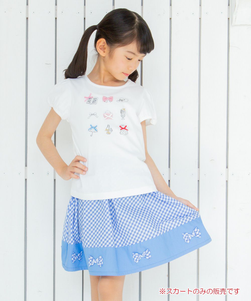 Gingham plaid gather skirt with ribbon Blue model image 1