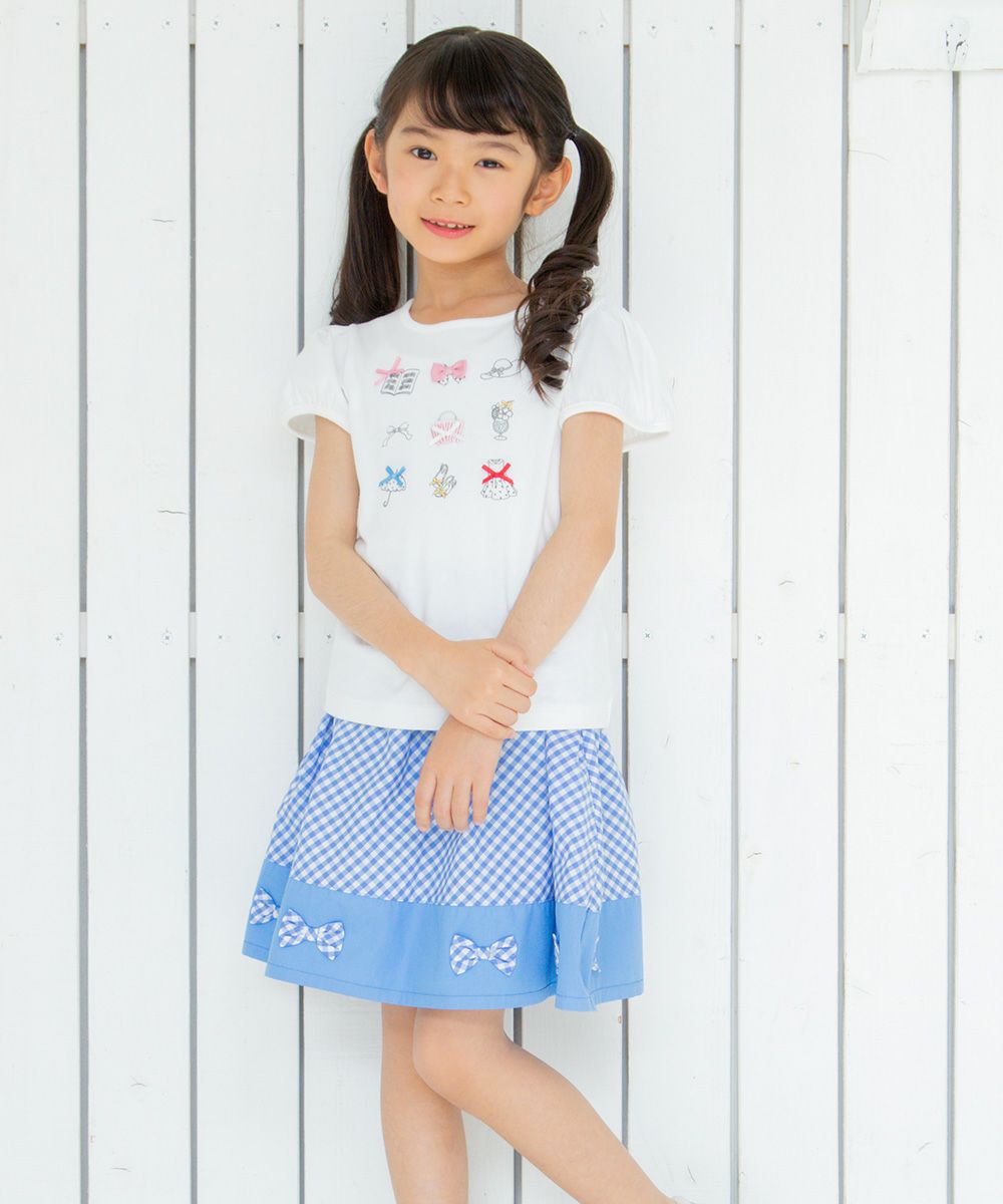 Gingham plaid gather skirt with ribbon Blue model image 2