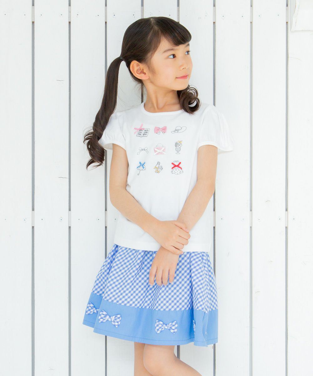 Gingham plaid gather skirt with ribbon Blue model image 3