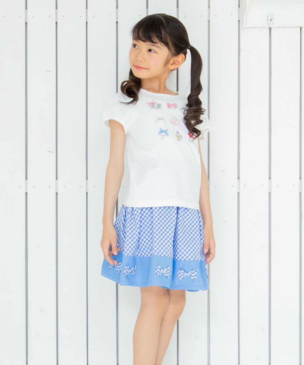 Gingham plaid gather skirt with ribbon Blue model image 4