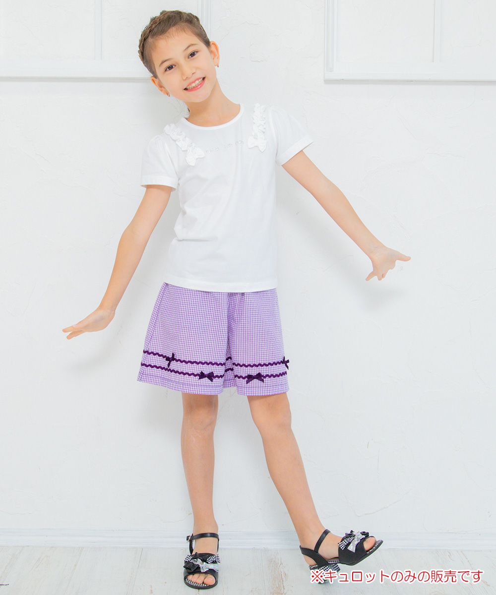 Gingham check pattern with ribbon culottes pants Purple model image whole body