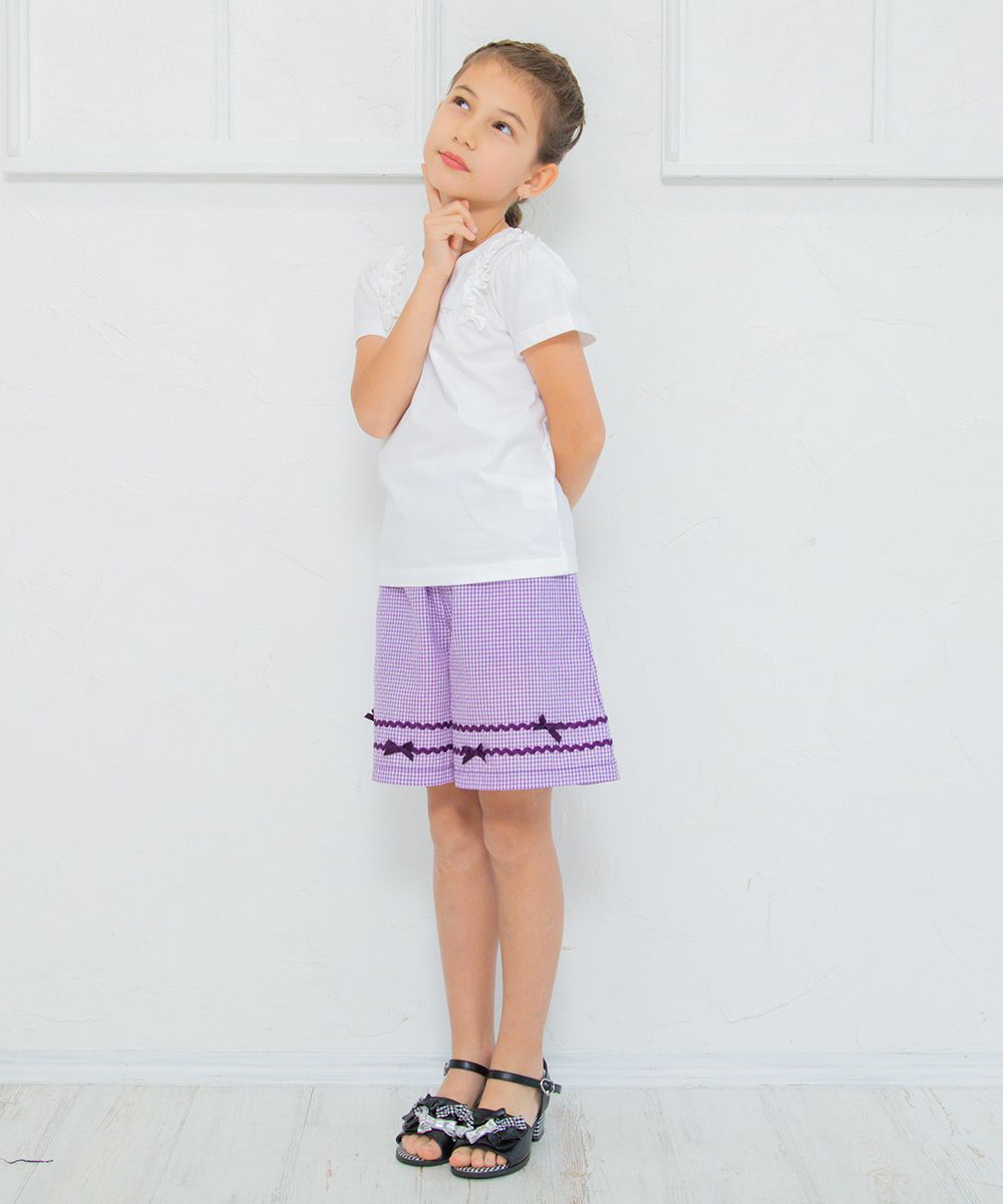 Gingham check pattern with ribbon culottes pants Purple model image 2