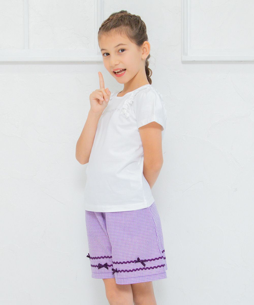 Gingham check pattern with ribbon culottes pants Purple model image 3