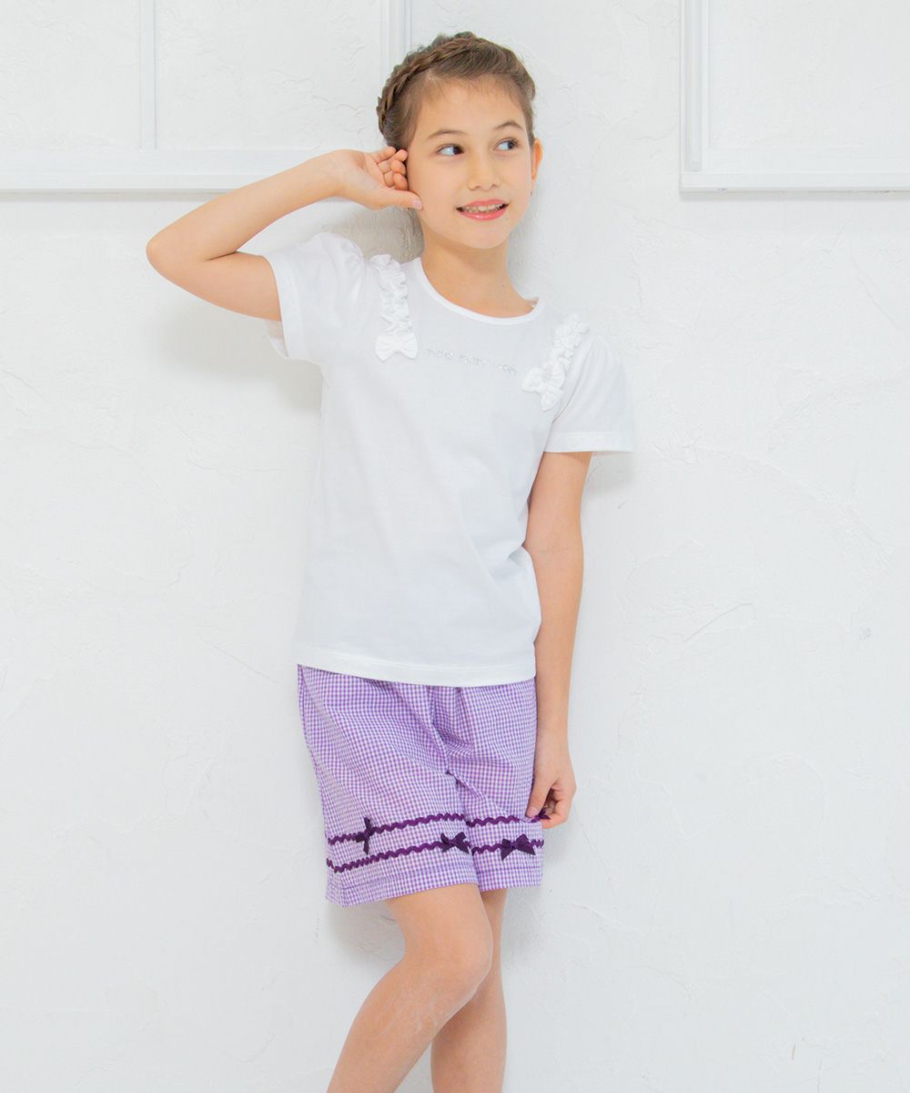 Gingham check pattern with ribbon culottes pants Purple model image 4