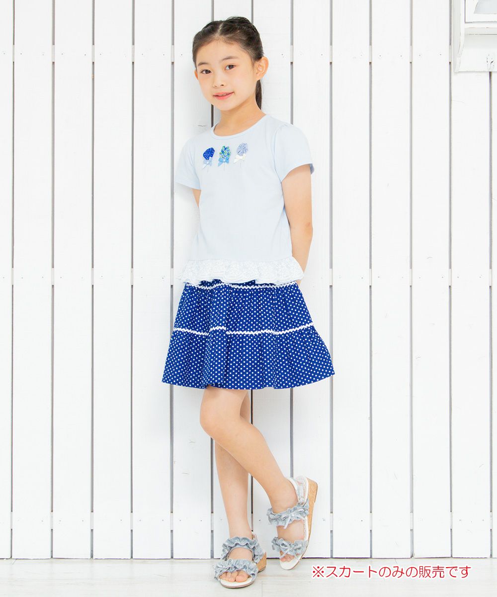Children's clothing girl 100 % cotton dot pattern lace gather skirt blue (61) model image whole body