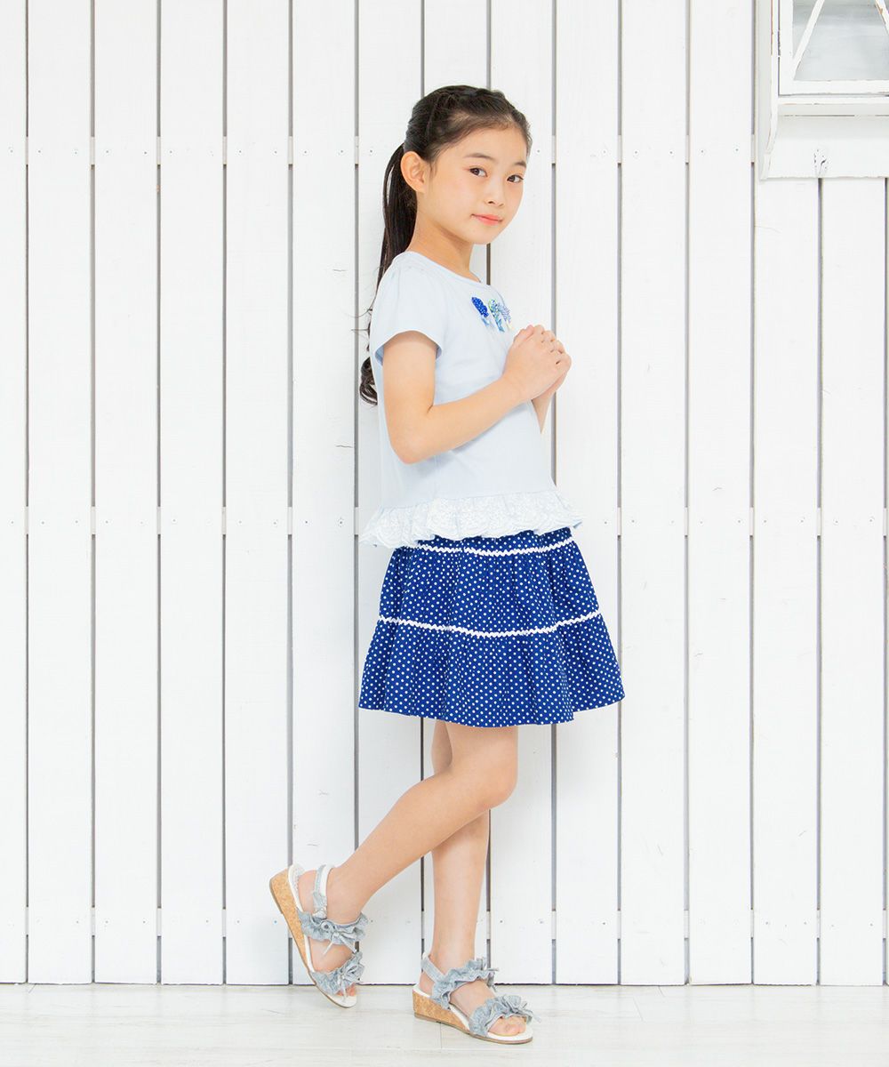 Children's clothing girl 100 % cotton dot pattern lace gathering cart blue (61) model image 2